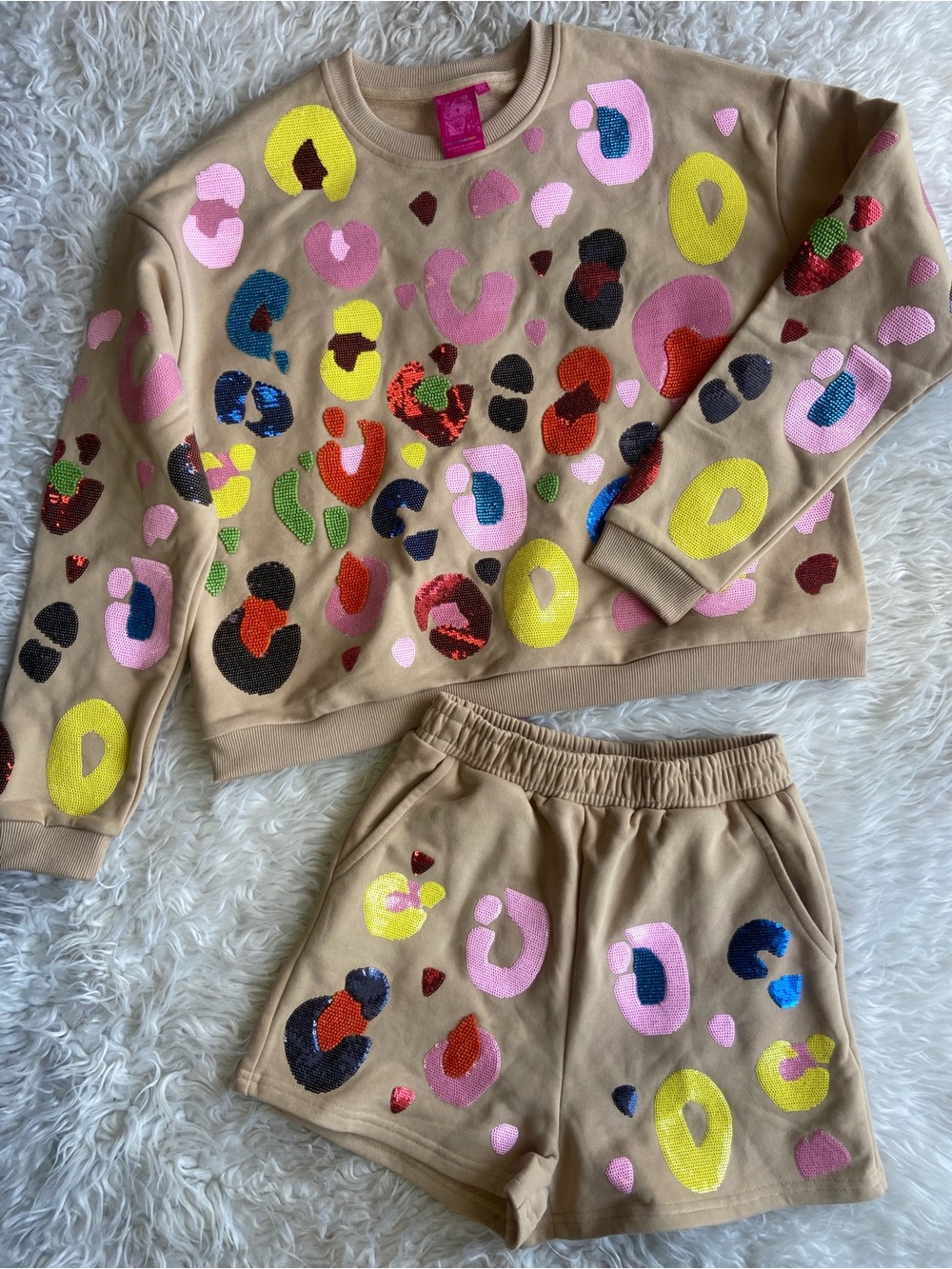 QUEEN OF SPARKLES Beige Two-Piece Sequin Animal Print Sweatshirt & Shorts Set